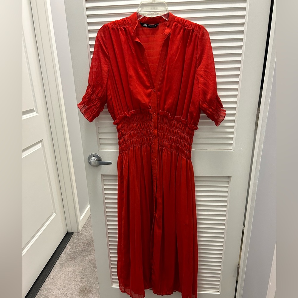 Zara red gathered waste maxi dress